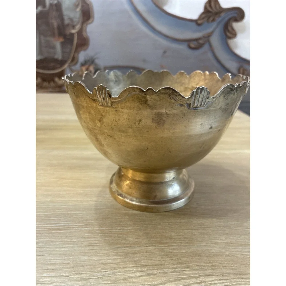 Solid Brass Bowl Scalloped Rim Pedestal Base VTG 6